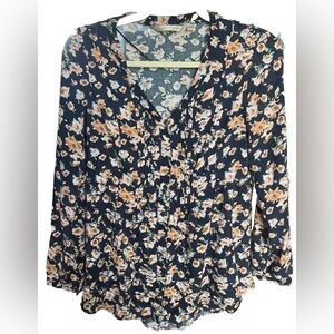 LC Lauren Conrad Peasant Blouse Size Small Blue Floral Boho Womens Long Sleeve